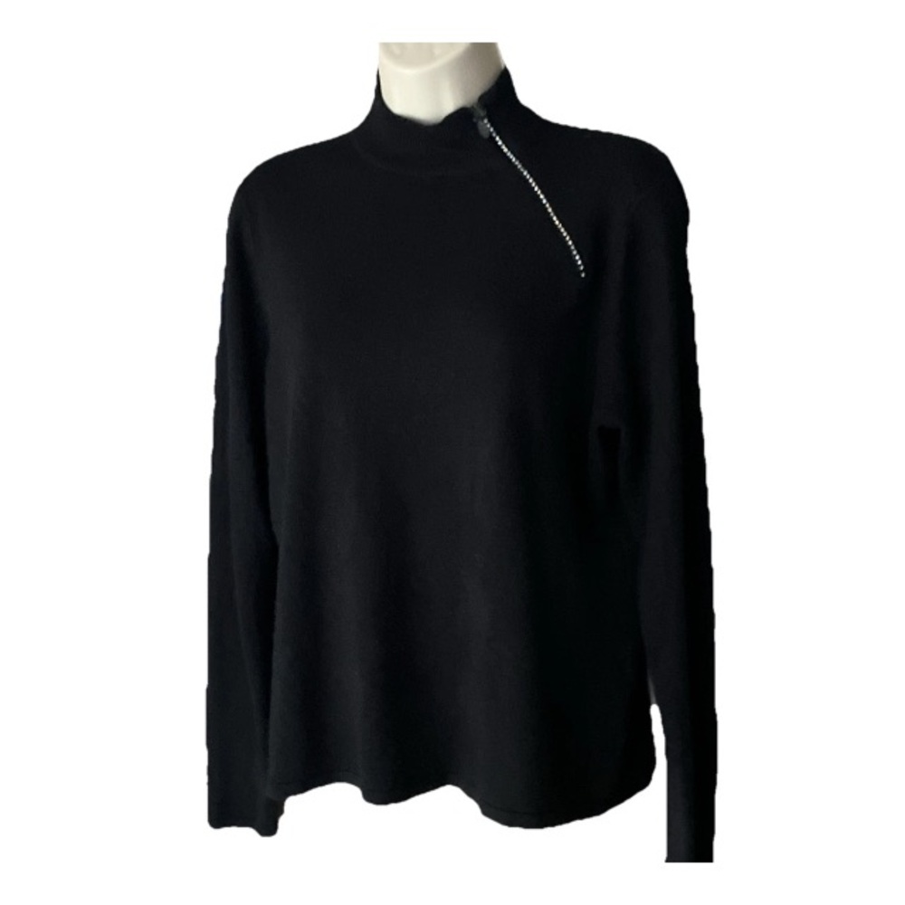 Luxe By Designer Originals Womens Black Rhinestone Mock Neck PulloverSweater PXL